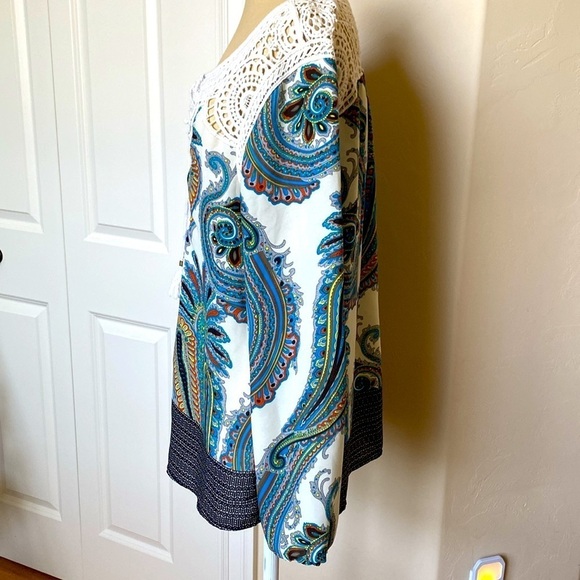 Daniel Rainn Multicolor Peasant Top Blouse Tunic Women’s L Crochet Boho paisley - Picture 3 of 8